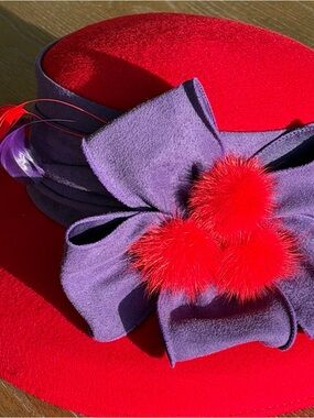 Vintage Red Wool Women's Hat w/Red Fur Pom Pom Accent & Purple Bow Two Feathers
